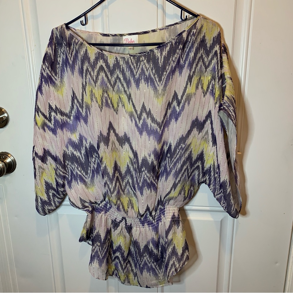 Parker Multicolor 100% Silk Lined Chic Zigzag Patterned Blouse Size L